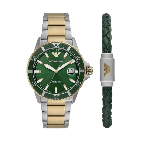  Ρολόι Emporio Armani Diver Σετ Ρολόι Βραχιόλι Πρασινο Ασημί/Χρυσό